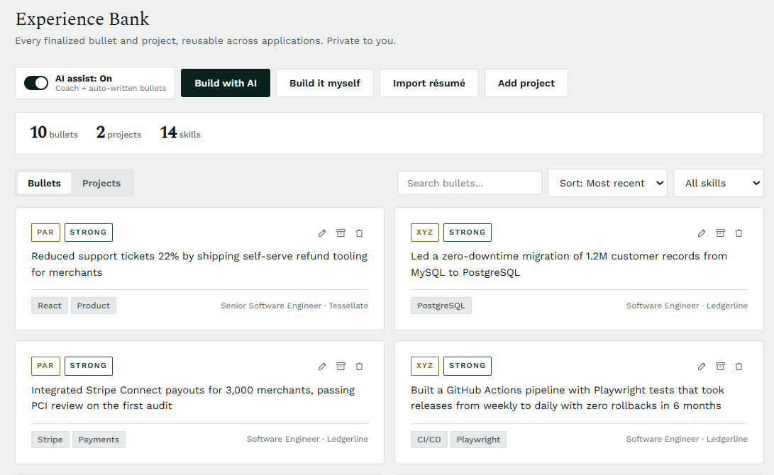 Experience Bank showing saved résumé accomplishments tagged by XYZ, PAR, and CAR framework for reuse across job applications