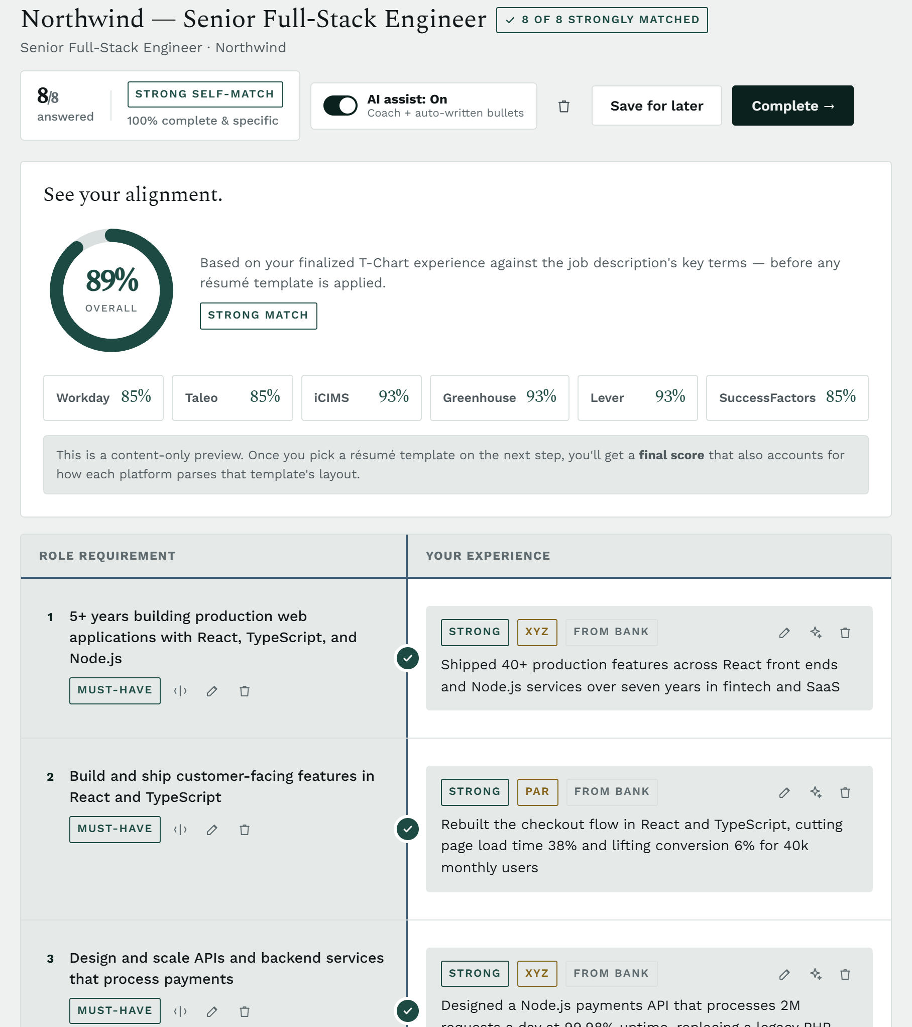 ATS résumé optimization interface showing a job posting matched to the candidate's real experience